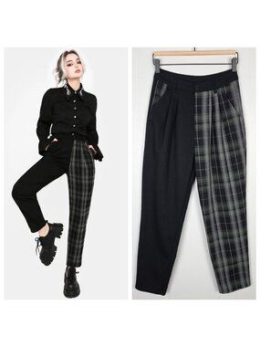Disturbia Checkmate High Waist Tapered Pants Ankle Goth Black Green Plaid Size 2